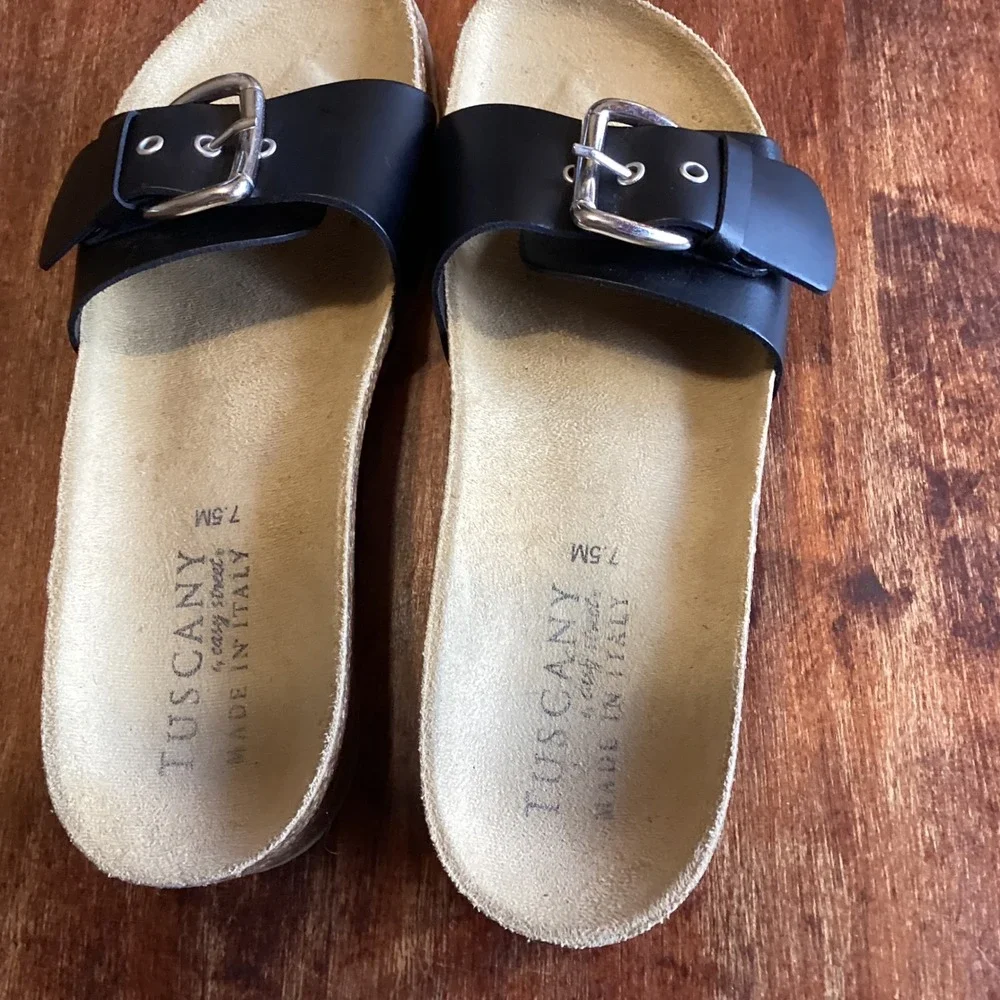 Tuscany by Easy Street Black Buckle Cork Wedge Slide Sandals Made in Italy‎ 7.5M